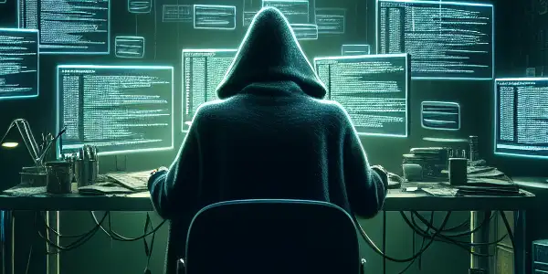 一位神秘人物在昏暗混乱的房间中，专注于显示复杂算法的电脑屏幕。