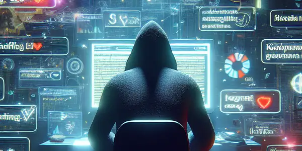 一个身穿黑衣的身影坐在昏暗混乱的房间里，专注于发光的电脑屏幕。