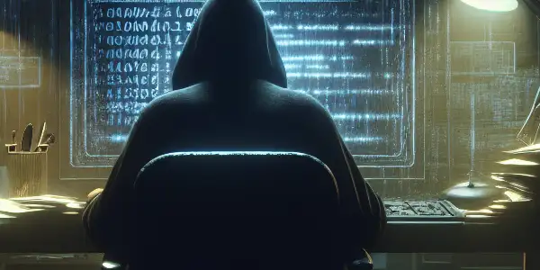 阴暗房间中，神秘人物专注于显示黑帽SEO技术的电脑屏幕，周围杂乱无章。