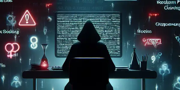 神秘人物坐在昏暗房间，电脑屏幕闪烁着黑帽SEO技术的复杂算法与风险警告。