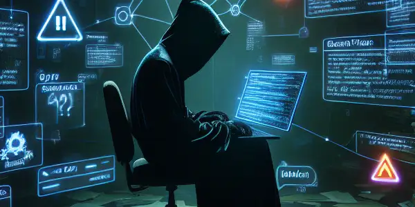 神秘人物坐在昏暗混乱的房间，专注于发光的电脑屏幕，周围漂浮着与黑帽SEO相关的符号。
