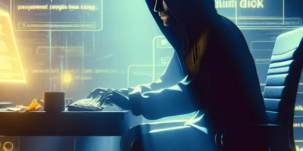 神秘人物坐在昏暗混乱的房间，专注于发光的电脑屏幕，周围充满黑帽SEO象征。