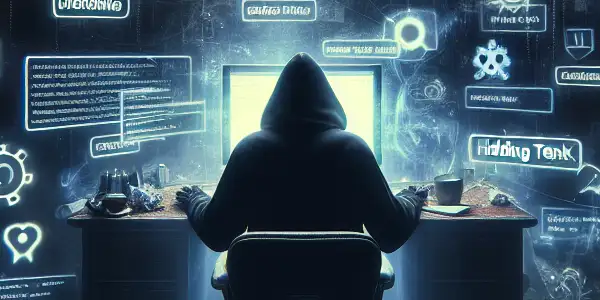 神秘人物坐在昏暗杂乱的房间，专注于发光的电脑屏幕，周围充满黑帽SEO符号。