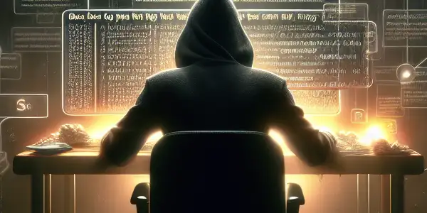 一个神秘人物坐在昏暗的桌子前，专注于显示黑帽SEO算法的电脑屏幕。