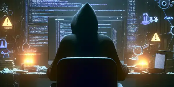 一个神秘人物坐在昏暗的桌子前，注视着发光的电脑屏幕，周围漂浮着黑帽SEO符号。