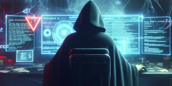 神秘人物在昏暗房间内专注于黑帽SEO，周围漂浮着欺骗性SEO图标。