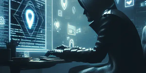 一个神秘身影坐在昏暗杂乱的房间里，专注于发光的电脑屏幕，周围漂浮着黑帽SEO符号。