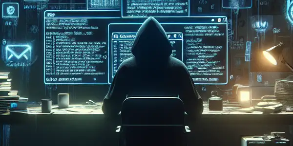 一个神秘人物坐在昏暗房间的杂乱桌子前，专注于发光的电脑屏幕。