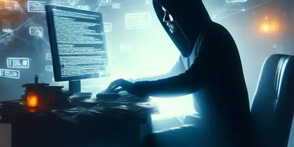 一个神秘人物坐在昏暗杂乱的房间里，专注于发光的电脑屏幕，周围漂浮着黑帽SEO符号。
