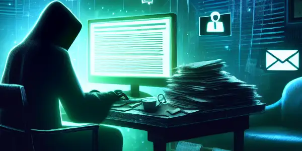 神秘人物坐在杂乱的桌子前，专注于发光的电脑屏幕，周围漂浮着黑帽SEO符号。