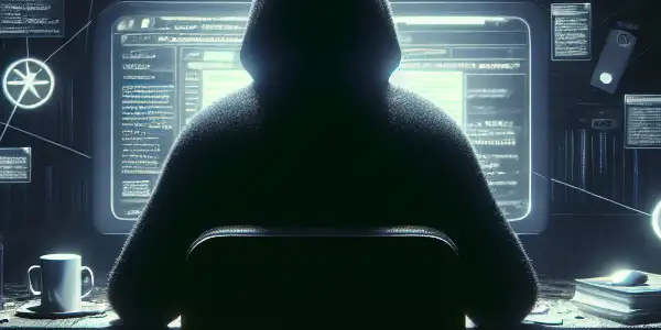 神秘人物坐在昏暗房间的杂乱桌前，专注于发光的电脑屏幕，周围浮现黑帽SEO符号。