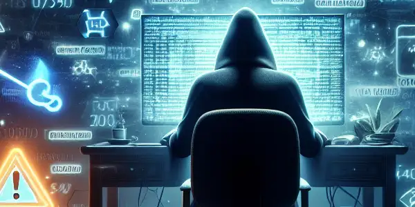 神秘人物坐在昏暗房间的桌前，专注于显示黑帽SEO技术的电脑屏幕。