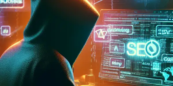 神秘人物坐在昏暗房间的杂乱桌子前，专注于发光的电脑屏幕，周围浮现黑帽SEO图标。