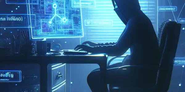 一个神秘人物坐在昏暗杂乱的房间里，专注于电脑屏幕上的黑帽SEO符号。