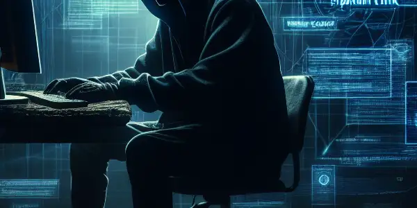 神秘人物坐在昏暗房间的杂乱桌前，专注于发光的电脑屏幕，周围浮现黑帽SEO符号。