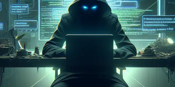 神秘人物坐在杂乱的桌子前，专注于发光的电脑屏幕，周围漂浮着黑帽SEO图标。