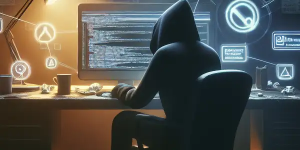 阴影中的人物坐在凌乱的桌子前，专注于发光的电脑屏幕，周围充满混乱的元素。