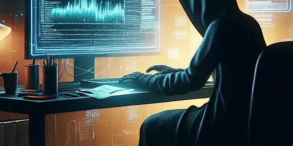 一个神秘人物坐在凌乱的桌子前，专注于发光的电脑屏幕，周围漂浮着黑帽SEO符号。