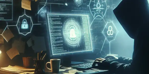 神秘人物坐在杂乱桌前，注视着发光的电脑屏幕，周围充满混乱元素。