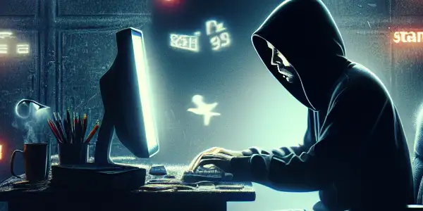 神秘人物坐在昏暗杂乱的房间，专注于发光的电脑屏幕，周围漂浮着黑帽SEO相关符号。