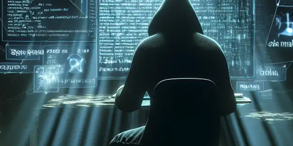 一个神秘人物坐在昏暗的房间里，专注于发光的电脑屏幕，周围充满黑帽SEO元素。