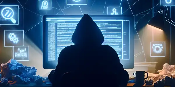 一位神秘人物坐在昏暗房间的杂乱桌前，专注于发光的电脑屏幕。