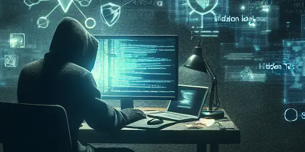 神秘人物在昏暗房间内专注于发光电脑屏幕，周围漂浮着SEO欺骗图标。