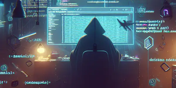 一个神秘人物在昏暗的房间中专注于发光的电脑屏幕，周围漂浮着黑帽SEO符号。