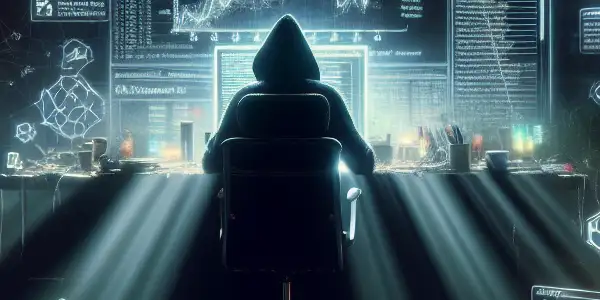 昏暗房间内，神秘人物专注于显示黑帽SEO算法的电脑屏幕，四周杂乱无章。