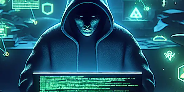 一个神秘人物在昏暗混乱的房间里，专注于发光的电脑屏幕，周围浮现黑帽SEO符号。