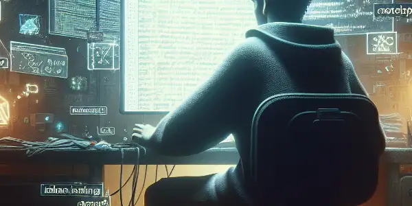 神秘人物坐在昏暗杂乱的房间中，专注于发光的计算机屏幕。