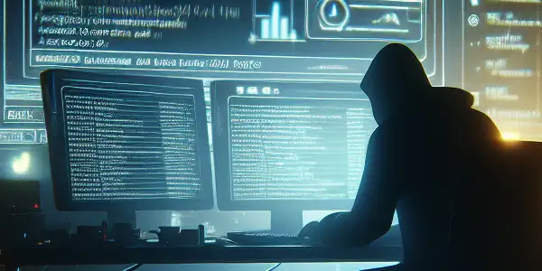 一个神秘人物坐在昏暗杂乱的房间里，专注于发光的电脑屏幕。