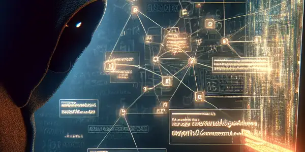 神秘人物在昏暗杂乱的房间中专注于发光的电脑屏幕，周围浮现黑帽SEO元素。