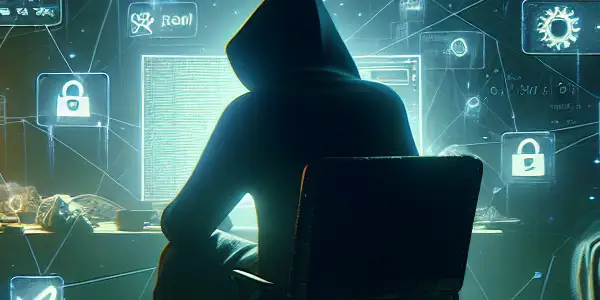 一个神秘人物坐在昏暗的房间里，专注于发光的电脑屏幕，周围杂乱无章。<a href=