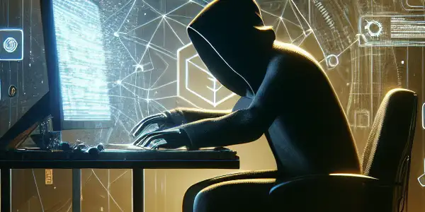 神秘人物坐在昏暗杂乱的房间，专注于发光的电脑屏幕，周围浮现黑帽SEO符号。