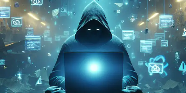 神秘人物坐在昏暗混乱的房间，专注于发光的电脑屏幕，周围漂浮着黑帽SEO符号。