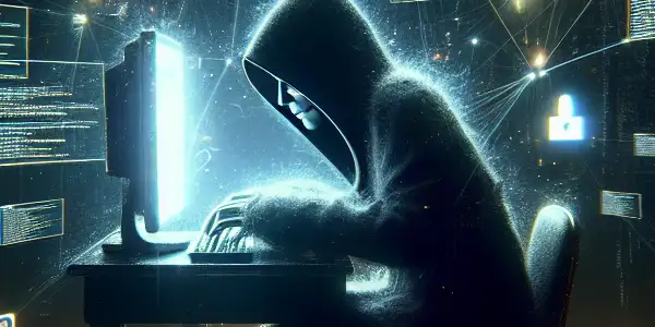 神秘人物在昏暗混乱的房间中，聚焦于发光的电脑屏幕，周围浮现黑帽SEO符号。