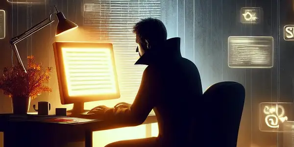 神秘人物坐在杂乱的桌子前，专注于发光的电脑屏幕，周围漂浮着黑帽SEO符号。