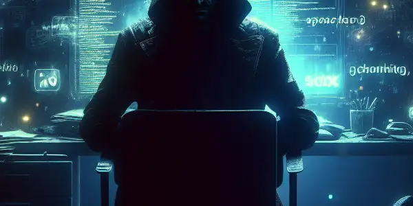 阴暗房间内，神秘人物专注于发光电脑屏幕，周围漂浮着SEO相关图标。