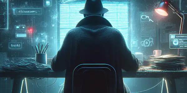 神秘人物坐在昏暗房间的杂乱桌子前，专注于发光的电脑屏幕。