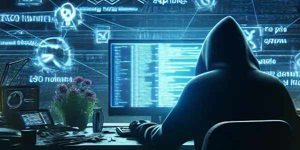 阴暗房间里，一个身影专注于发光的电脑屏幕，周围浮现黑帽SEO图标。