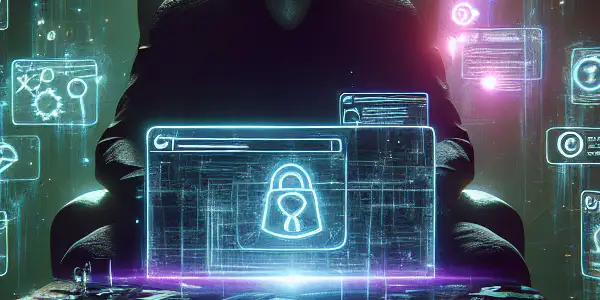 一个神秘人物在昏暗杂乱的房间中，专注于发光的电脑屏幕，周围漂浮着黑帽SEO符号。