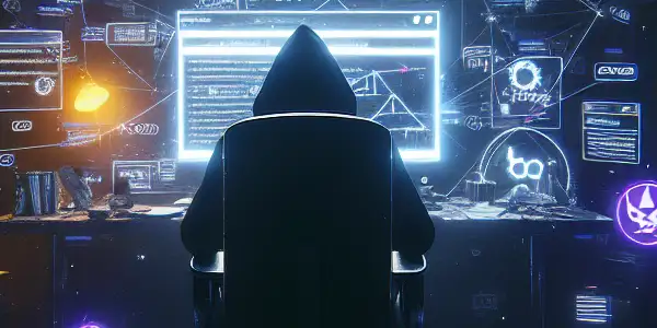 一个神秘人物坐在昏暗混乱的房间里，专注于发光的电脑屏幕，周围充满不道德SEO元素。