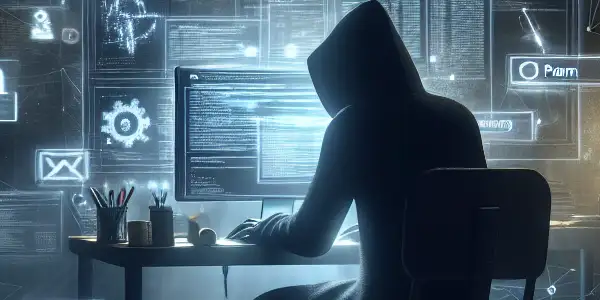 一个神秘人物坐在昏暗的桌子前，专注于发光的电脑屏幕，周围漂浮着不道德的SEO图标。