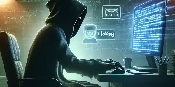 神秘人物坐在昏暗房间的杂乱书桌前，专注于发光电脑屏幕。