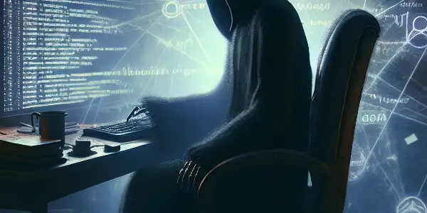 神秘人物坐在杂乱的桌子前，专注于发光的电脑屏幕，周围漂浮着黑帽SEO符号。