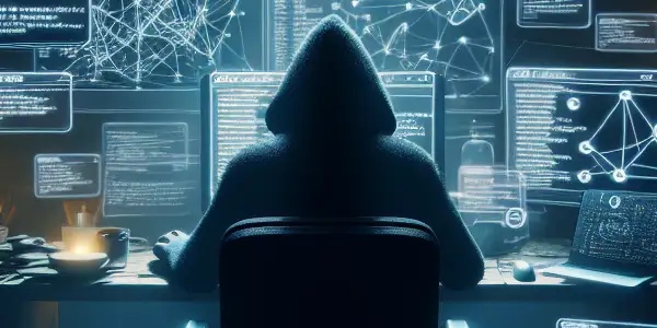 神秘人物坐在昏暗房间的杂乱书桌前，专注于发光的电脑屏幕，周围漂浮着不道德SEO图标。