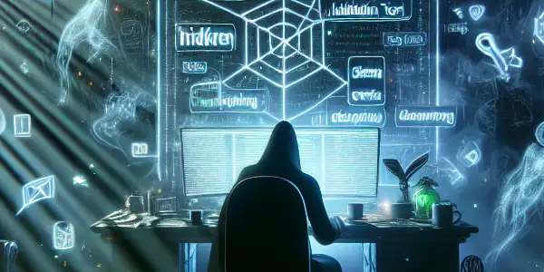 一个神秘人物坐在杂乱的桌子前，周围浮现着不道德SEO技巧的图标。