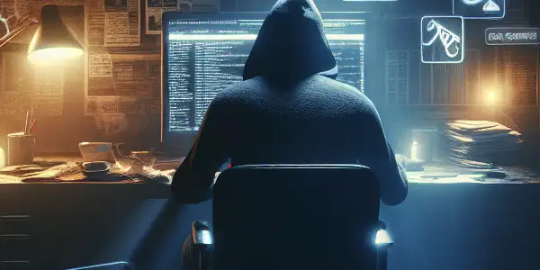 一个神秘人物在昏暗的房间内操控黑帽SEO策略，周围漂浮着不道德的SEO图标。