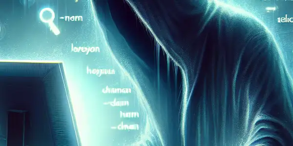 神秘人物在昏暗杂乱的房间中专注于发光的电脑屏幕，周围漂浮着不道德的SEO符号。